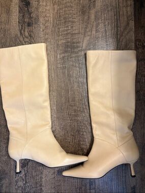 Anthropologie Cream Tan Beige Knee-High Pointed-Toe Kitten Heel Boots